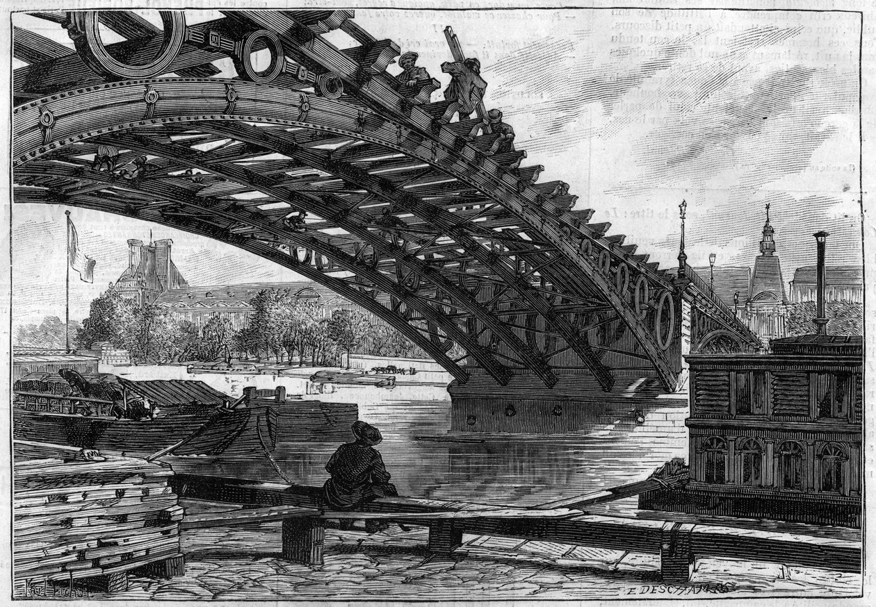 Refleksjonen av dekket til broen til Saints Peres (Pont du Carrousel) i 1883 (Saints-Peres) - gravering i "" Le journal illustrious"" av French School