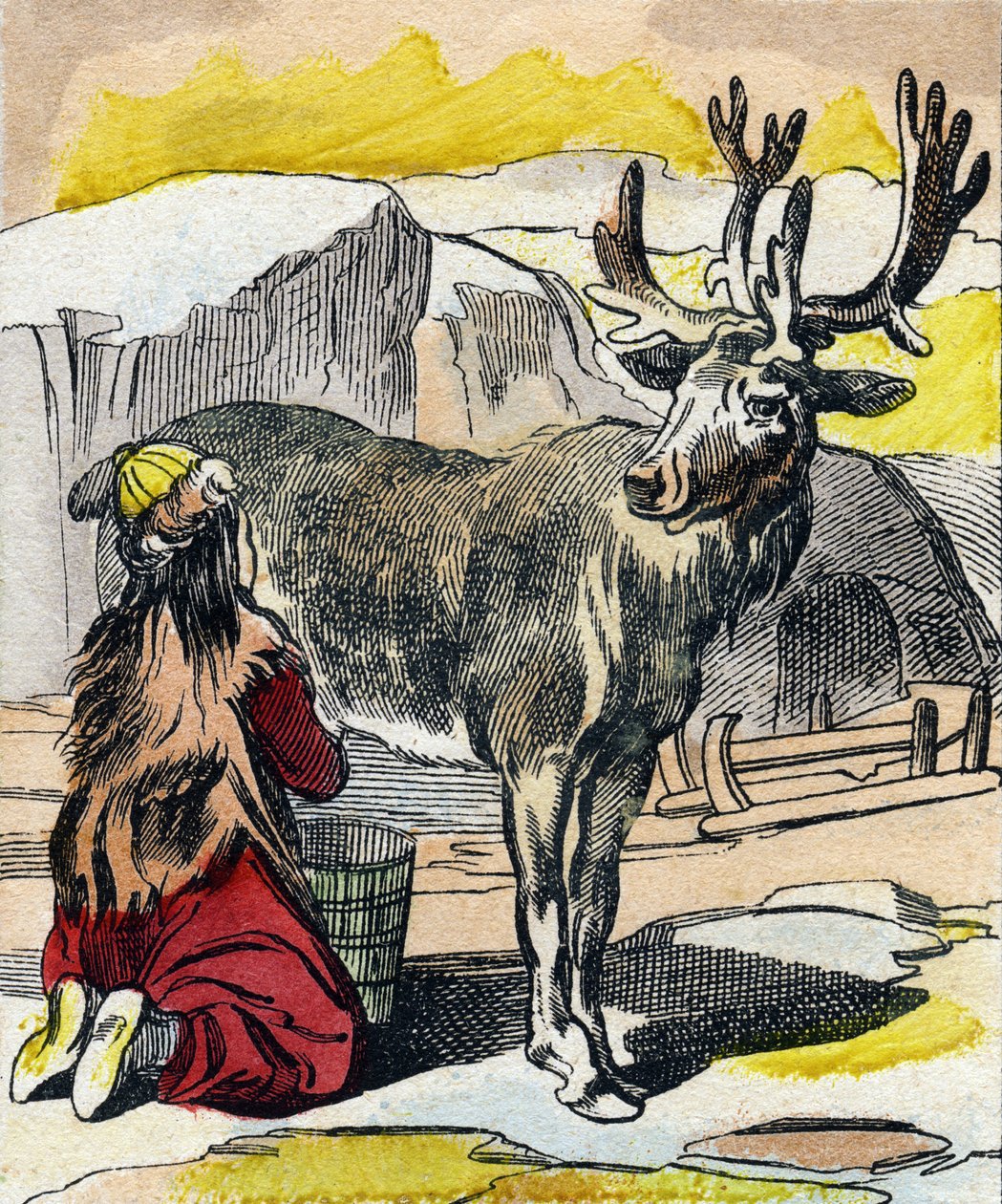 Reinen som melkes. Gravering i "Buffon Alphabet des Animaux". 3. serie N 1. Avbildning av Epinal, Epinal, sent på 1800-tallet. 16 sider. Mål: 28x21cm av French School