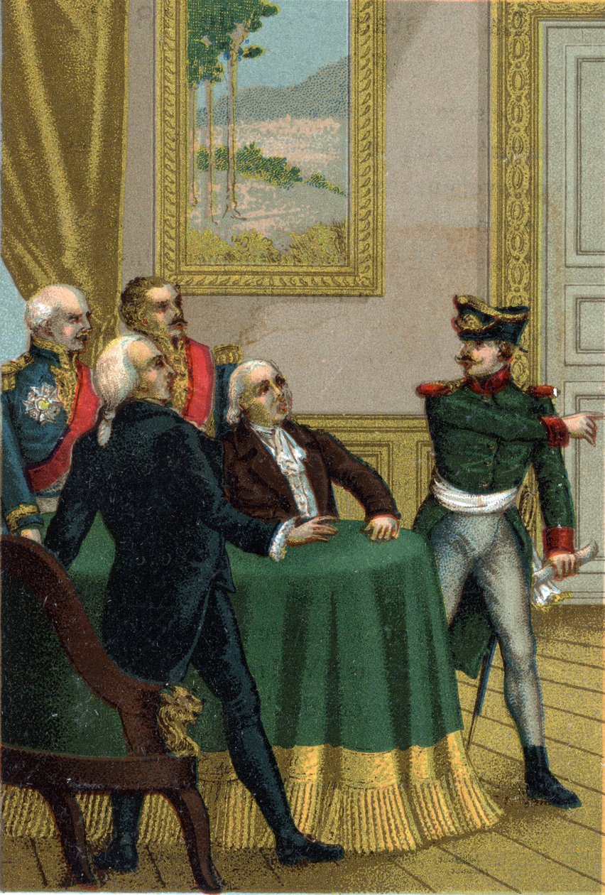 Restaureringen av 1815: Joseph Fouche, politiminister for Napoleon I, fikk en prøyssisk offiser introdusert i rommet der Kommisjonen for den provisoriske regjeringen ledet av kong Ludvig XVIII 7. juli 1815. av French School