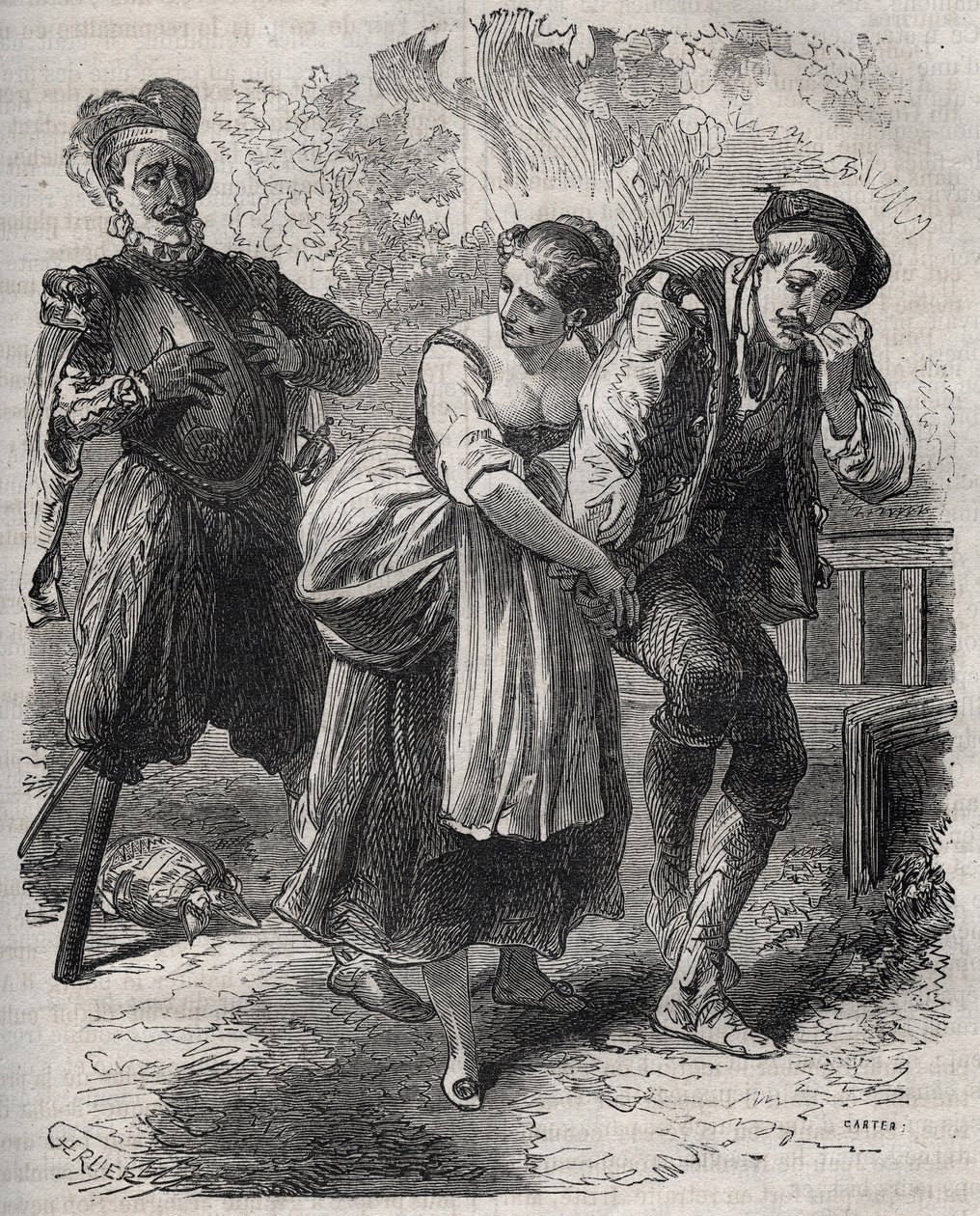 Martin Guerres tilbakekomst (cirka 1524 rundt 1560): han dukket opp foran sin kone, Bertrande de Rols, og den som hadde tilranet seg identiteten hans, bedrageren Arnaud du Tilh (Thil). Gravering fra 1871 i «Histoire Des Cocus Celebres»» av Henry de Kock (1 av French School