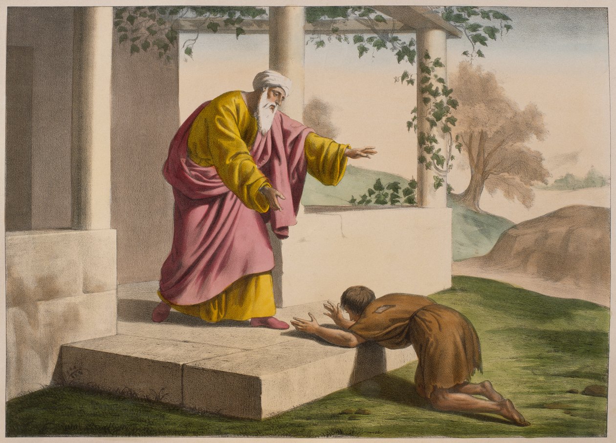 Den fortapte sønns retur, illustrasjon fra en katekisme LHistoire Sainte, utgitt av Charles Delagrave, Paris, sent på 1800-tallet av French School