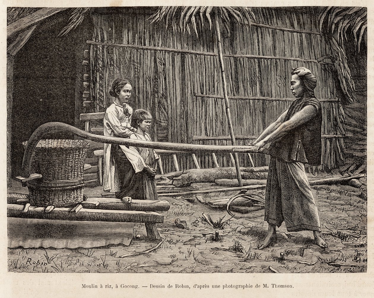 Rismøllen, foran en bondes hus i Gocong, gravering etter en tegning av Robin som illustrerer reisen til Cochinchine, av doktor Morice, i 1872, publisert i "" Le tour du monde""" 1875, redigert av Edouard Charton, Hachette-utgaven, Paris. Selva av French School