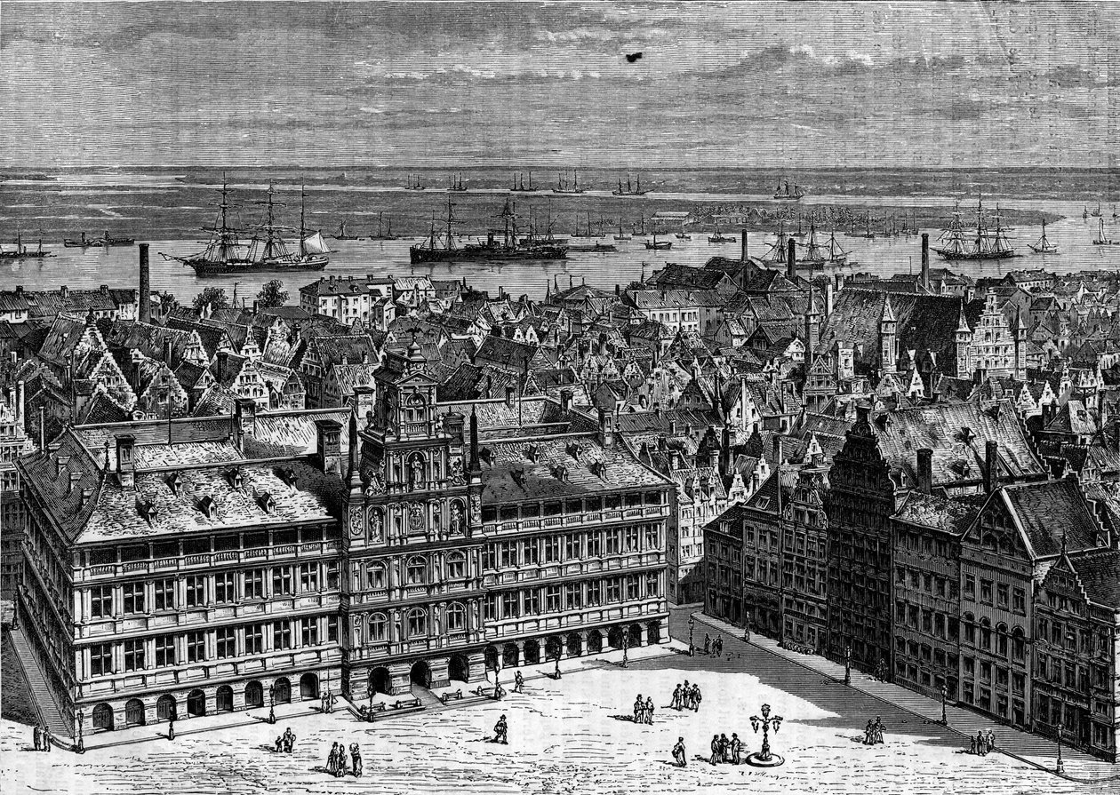 Elven Schelde sett fra havnen i Antwerpen, Belgia. Gravering i «Le Journal de la jeunesse»» av French School