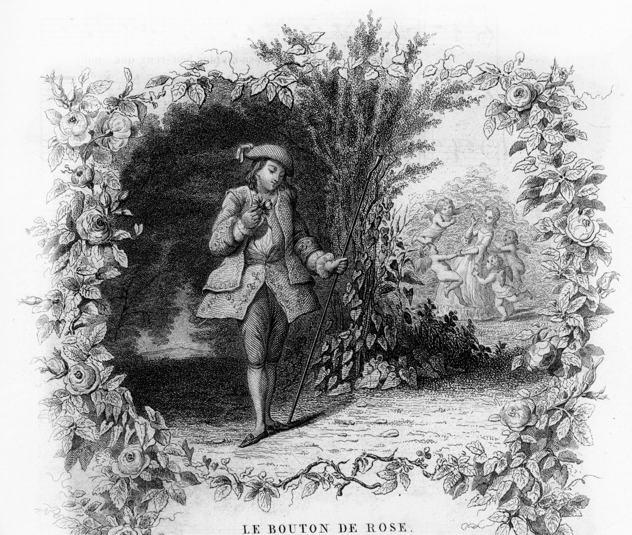 The rose button. A lonely and romantic young man in a garden at the bottom of which a young woman is surrounded by cupid. Engraving in “” Chants et chansons populaire de la France””, Tome 2 av French School