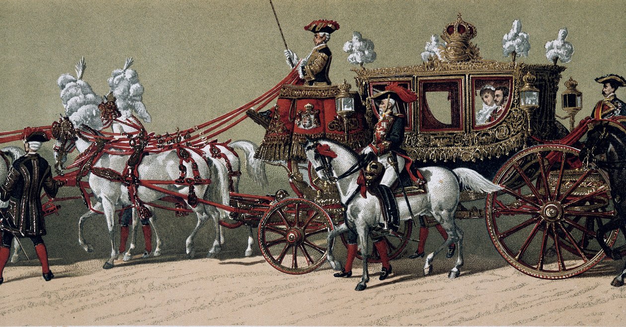 Den kongelige kortegen ved ekteskapet til kong Alfonso XII av Spania (1857-1885) og Marie Christine de Teschen (1858-1929) i 1879 (maleri) av French School