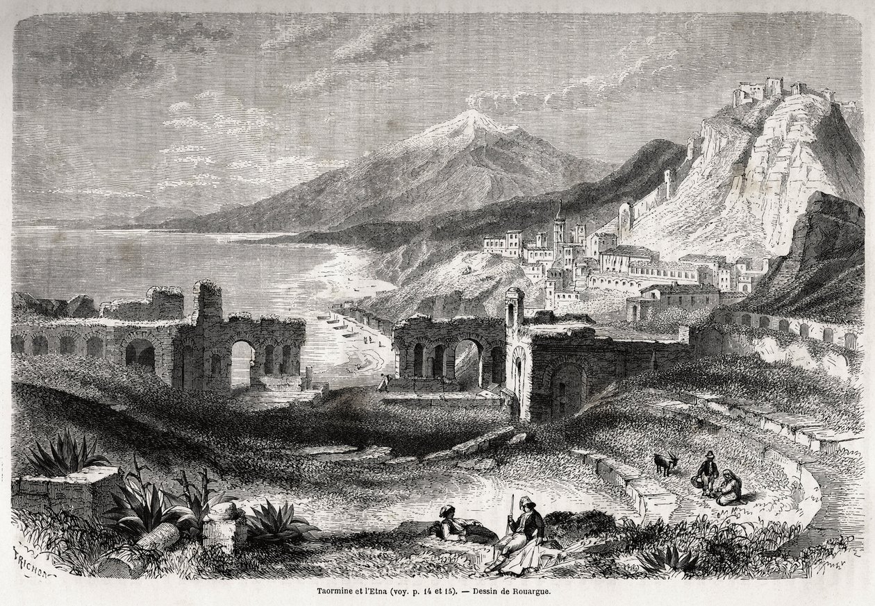 Ruinene av det gamle teateret i Taormina (Tauromenium), ved foten av Taurus-fjellet, med utsikt over den moderne landsbyen Giardini og Etna, tegning av Adolphe Rouargue (1810-187?) og Emile Rouargue (ca1795-1865) for å illustrere Felix Bourquelots reise av French School