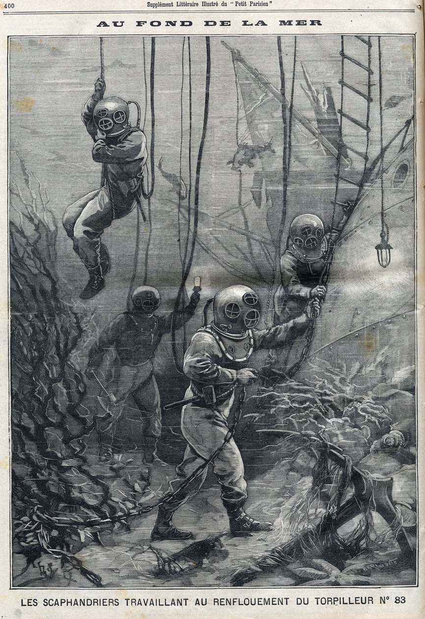 The scaphandlers working on the bailout of torpedo 83 that had sunk in Douarnenez Bay in Finistere in Brittany, in " Le Petit Parisien”” av French School