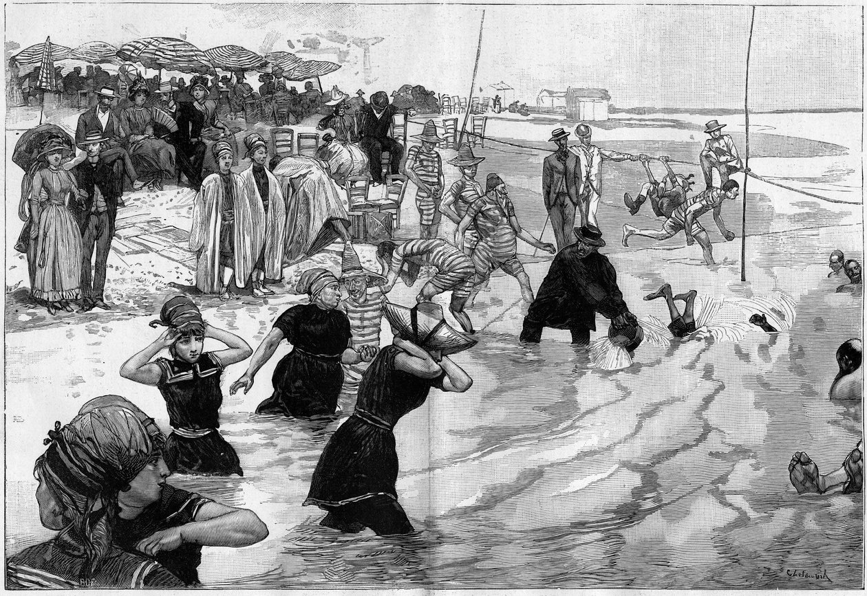 Sjøbadene på tidspunktet for hoppen på en strand i Normandie, Frankrike, i "" Le Monde Illustré"" av French School