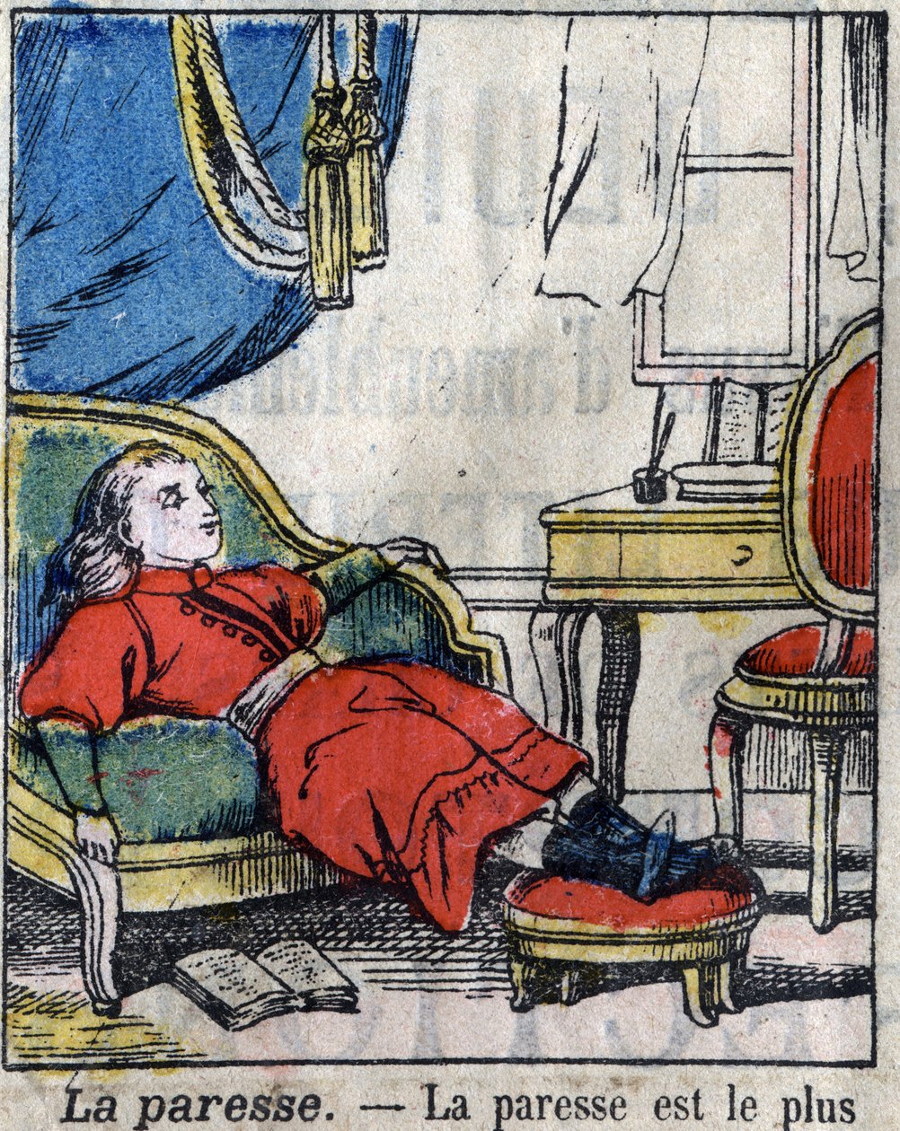 The seven deadly sin: laziness. Epinal imaging late 19th century. (I sette peccati o vizi capitali) av French School