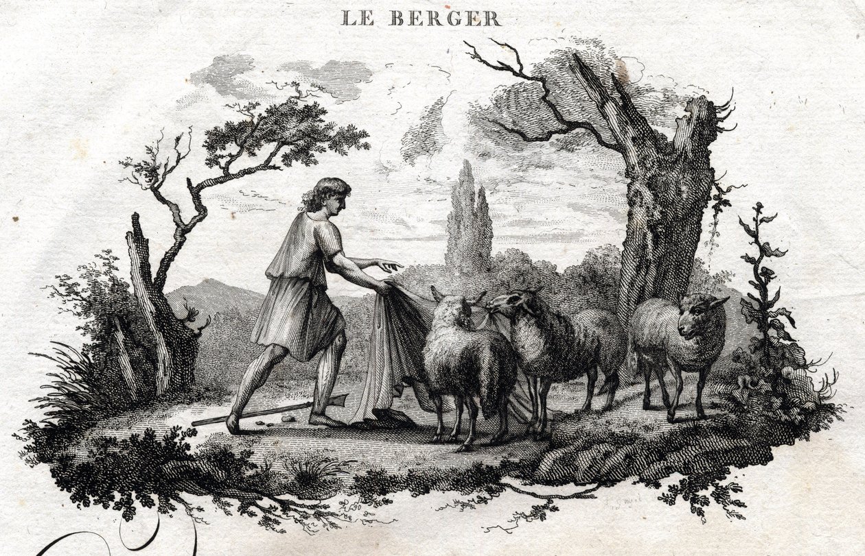 The shepherd. Fable of Esope. (Greek writer Esopo or Ecopus, 6th century BC) Written by Guillaume Montfort and Gravees by Beauble in 1801. av French School