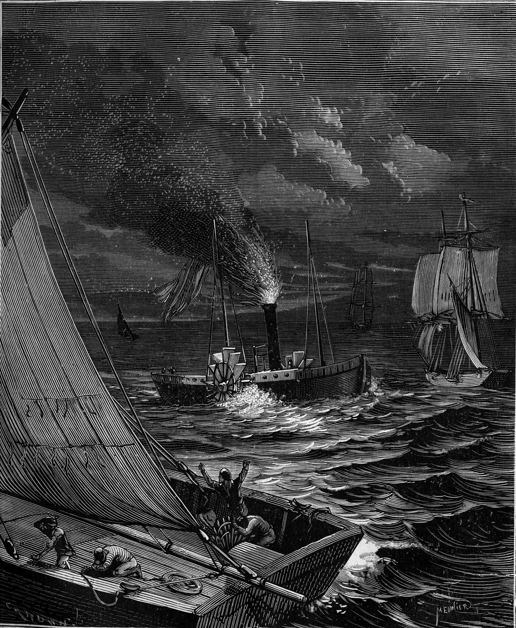 Skipet ble laget i 1807 av Robert Fulton (1765 - 1815) for ruten New York - Albany på Hudson River. av French School