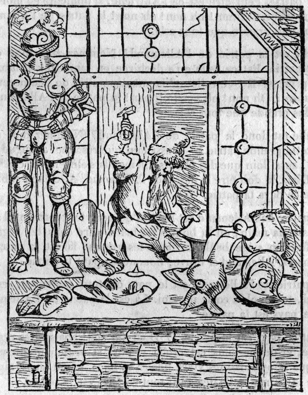 Butikken til pansermakeren (panser) på 1500-tallet. I "" Den pittoreske butikken"" 1836 av French School