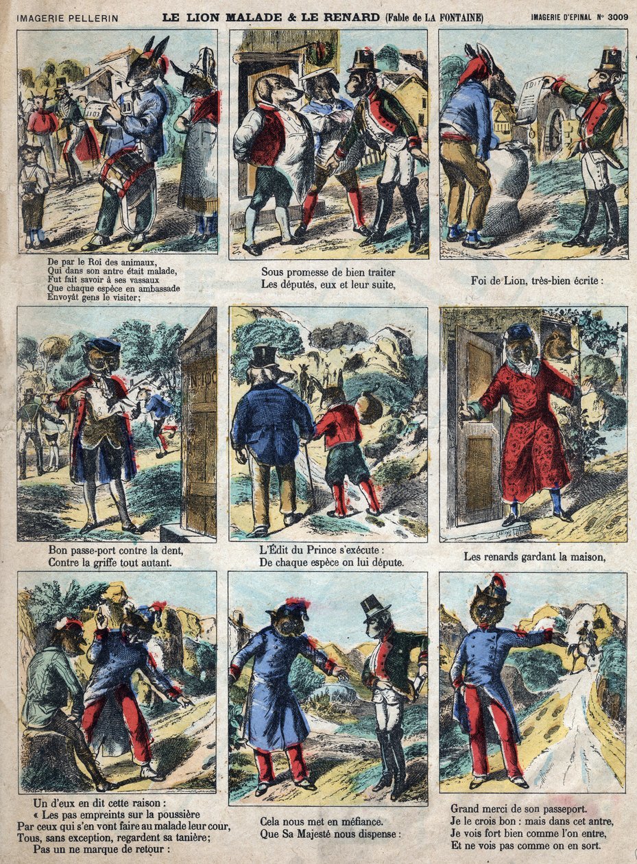 The sick lion and the fox. Fables by Jean de La Fontaine (1621-95). Epinal imaging from the end of the 19th century. av French School