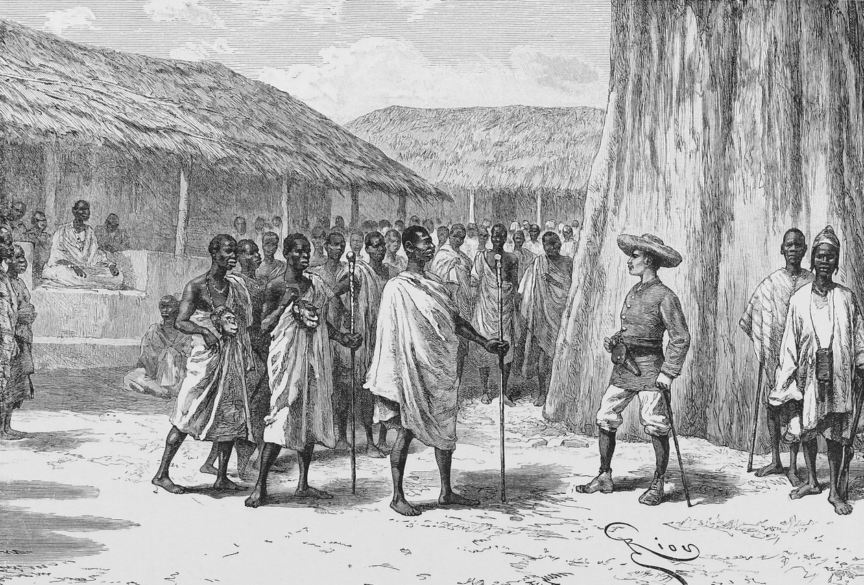 Signeringen av traktaten i Aouabou, illustrasjon fra 'Du Niger au Golfe de Guinee...', av Louis Gustave Binger av French School