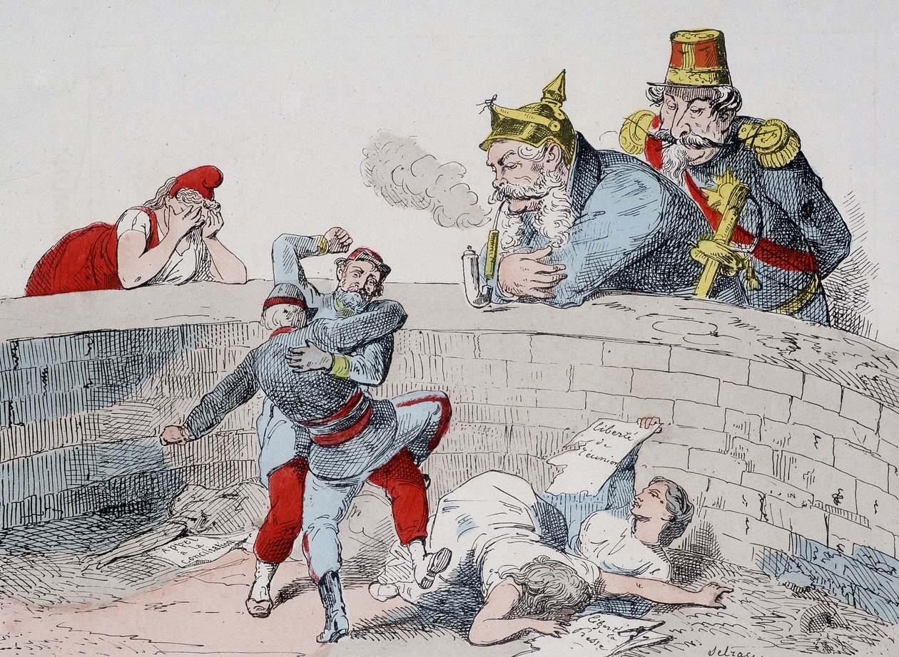 Situasjonen - Gauillaume: Vi må hjelpe gale mennesker, Badingue (Napoleon III): La dem gjøre min bror, det vil være på tide å gripe inn når de (pariserne) har slukt seg selv. Tegneserie om kommunen. av French School
