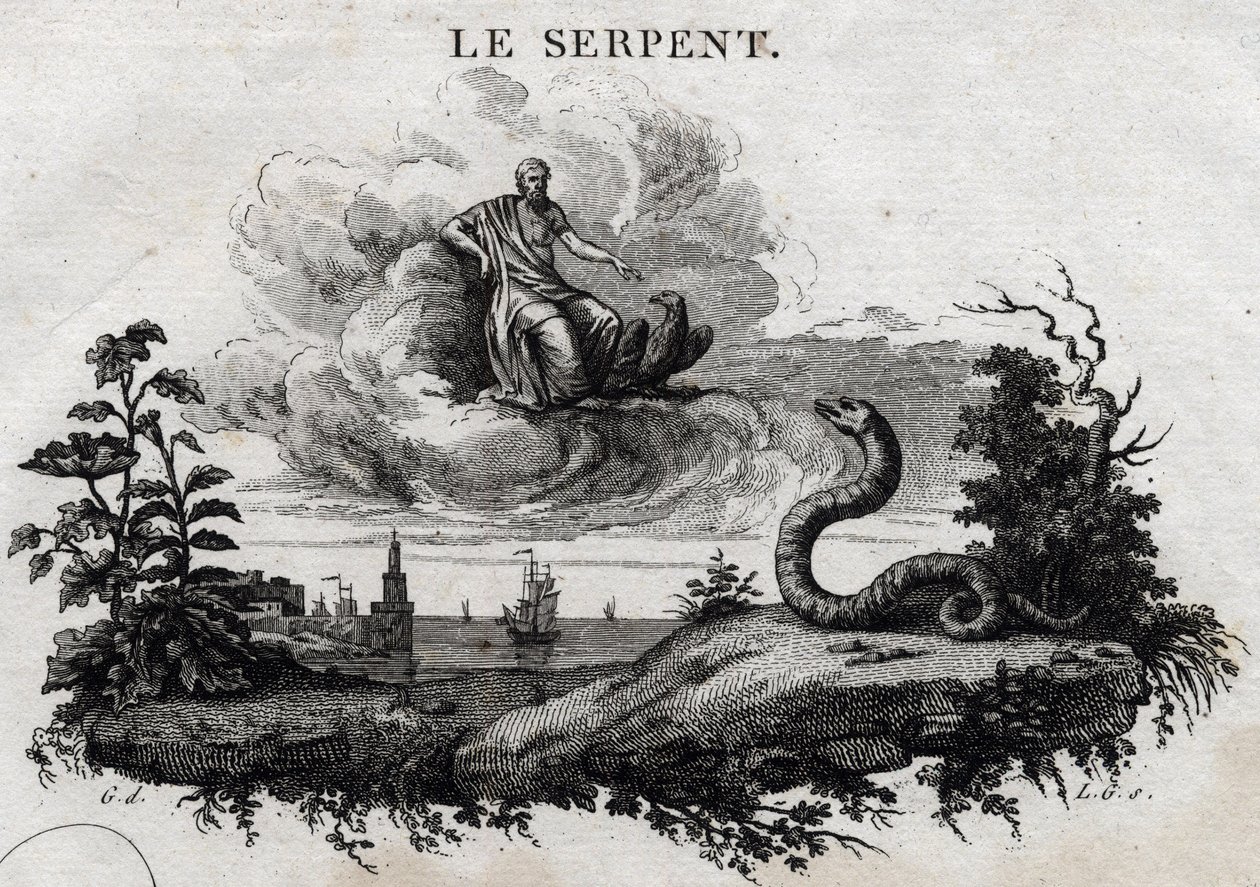Slangen. Fabel om Esope. (Gresk forfatter Esopo eller Ecopus, 6. århundre f.Kr.) Skrevet av Guillaume Montfort og Gravees av Beauble i 1801. av French School