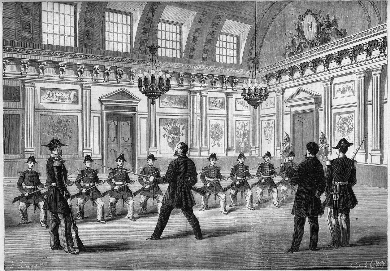 Sønnen til Napoleon III, Prince Imperial (1856-1879), som øvde på våpen med vaktens avdelinger, før faren keiser Napoleon III (1808-1873), i vaktrommet til slottet i Compiegne. Gravering i "" Le Monde Illustré"" nr. 349 av 19. desember av French School