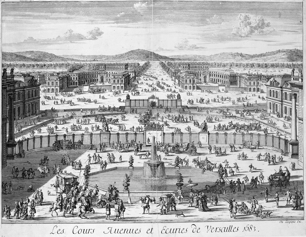 Stallene og portene til Versailles sett fra palasset, 1683 av French School