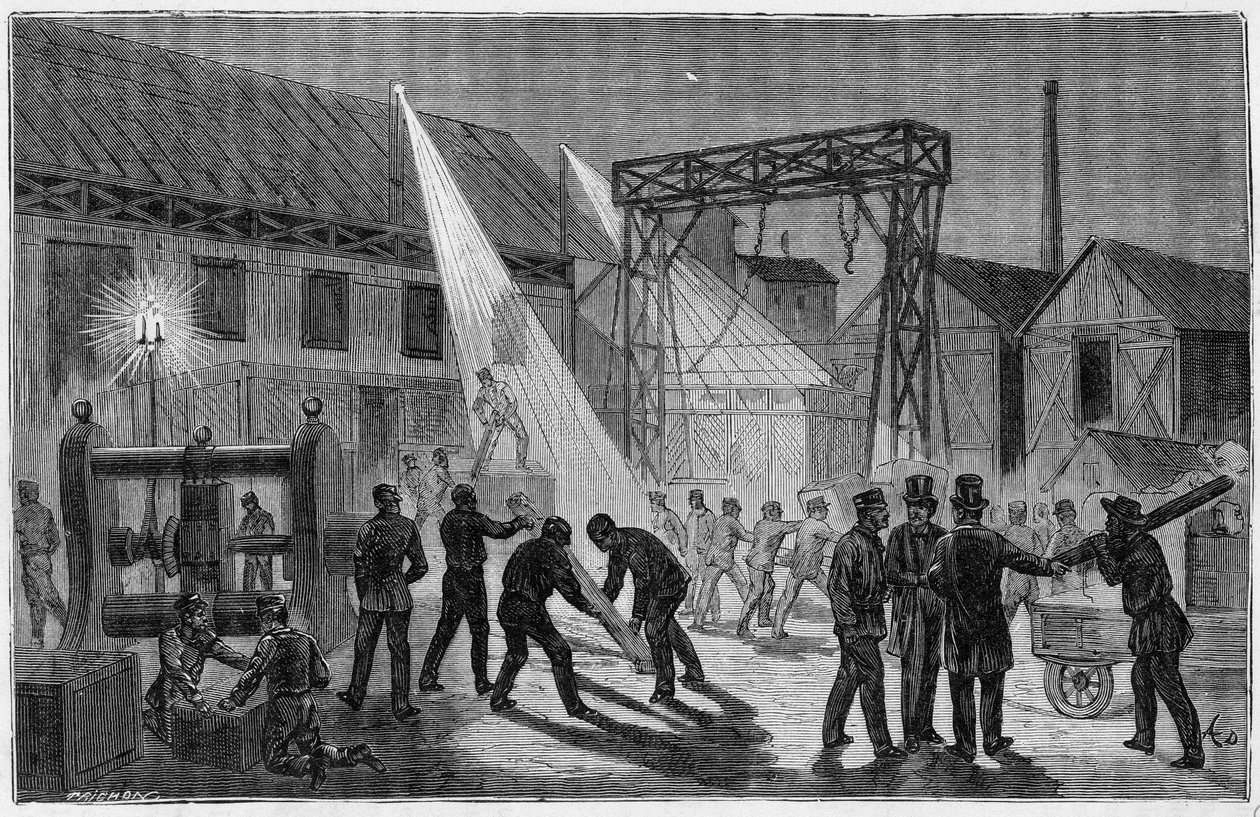 The station of “” The chapel”” illuminated by electric light at the end of the 19th century - Engraving in “” Sciences accessible to all - popular physics and chemistry”” by Alexis Clerc. Late 19th century. Private collection. av French School