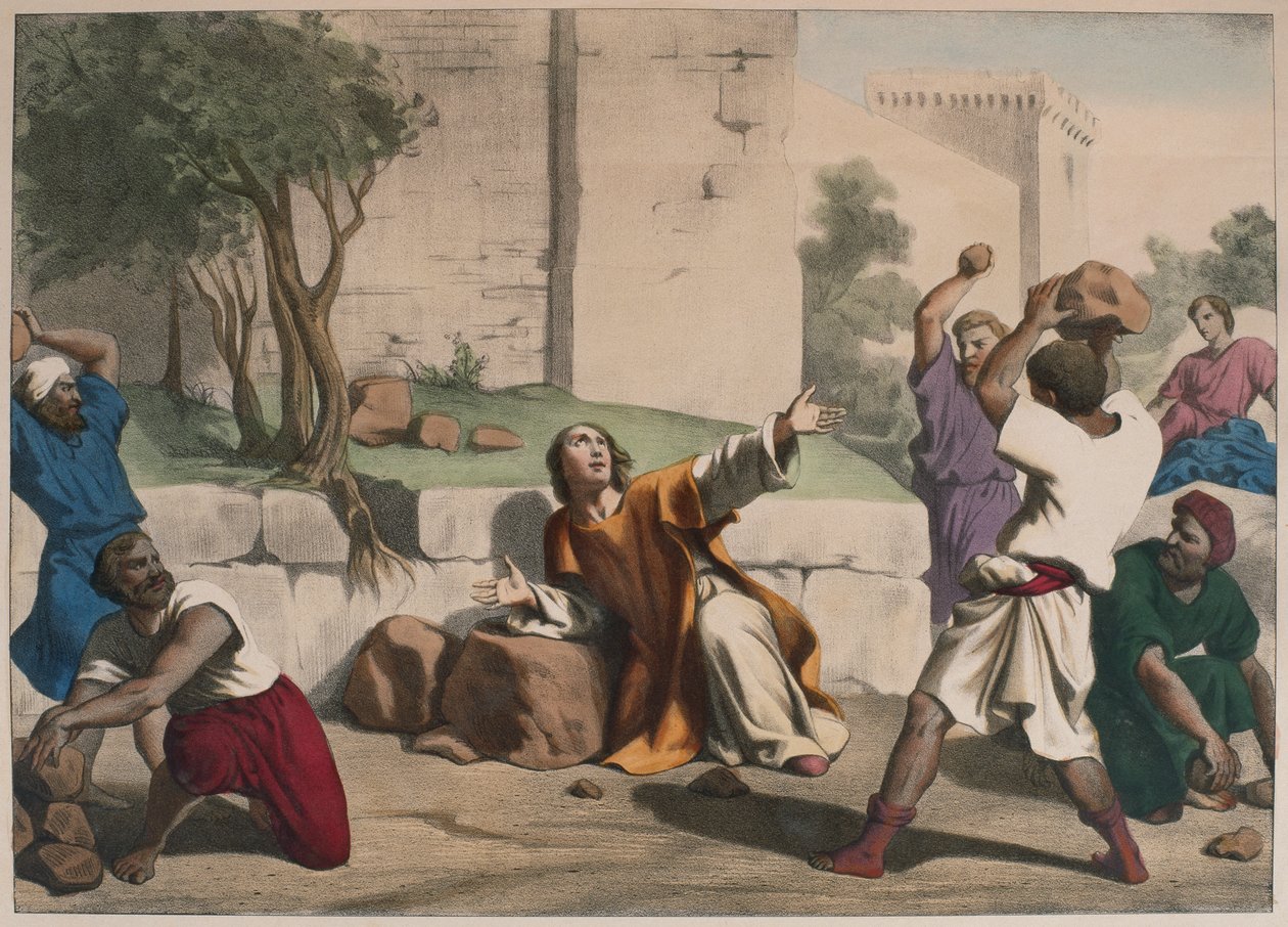 Steiningen av St. Stephen, illustrasjon fra en katekisme LHistoire Sainte, utgitt av Charles Delagrave, Paris, sent på 1800-tallet av French School
