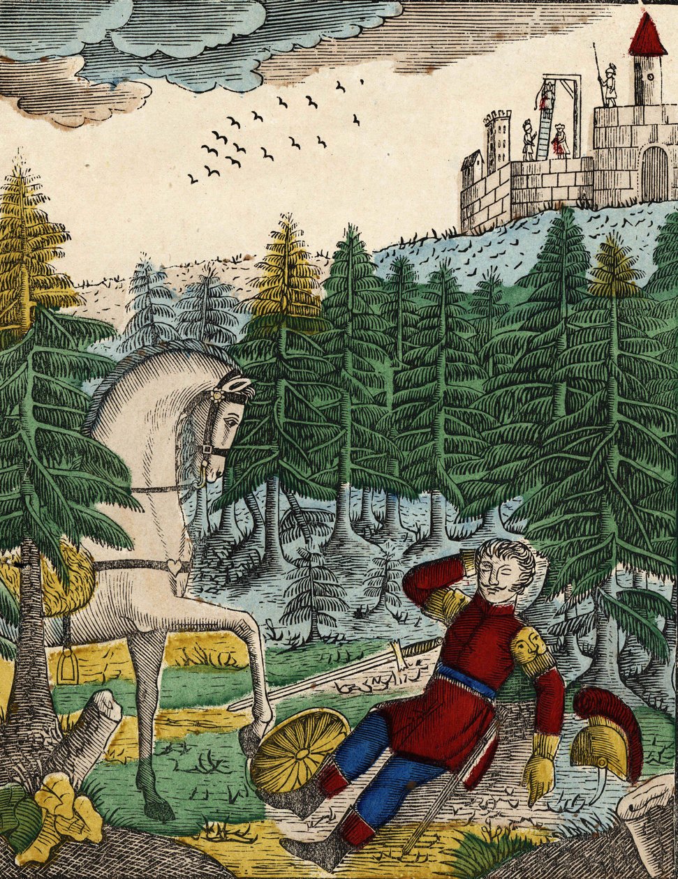 Historien om de fire sønnene Aymon; Bayard, som hører støyen fra soldatene som Ripas hadde med seg for å henge Richard, vekker Regnault ved å slå på skjoldet hans, et bilde av en spinal fra 1800-tallet. av French School