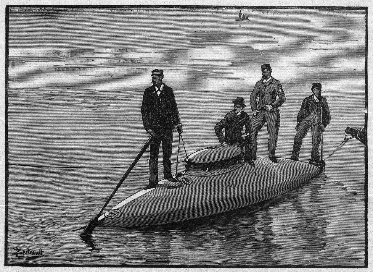 Ubåten fant den tomme «Goubet», bøyet og fraktet fire mann. Gravering i «La gazette du dimanche»» av 28. november 1895. av French School