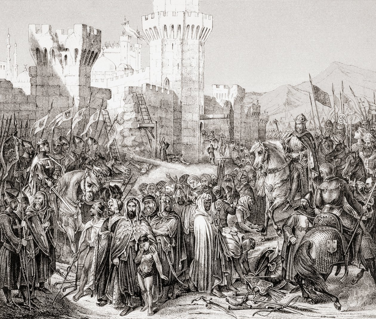 Overgivelsen av Acre til Filip II av Frankrike, kalt Philip Augustus, under det tredje korstoget, fra L'Histoire Universelle Ancienne et Moderne, utgitt i Strasbourg ca. 1860 (gravering) av French School