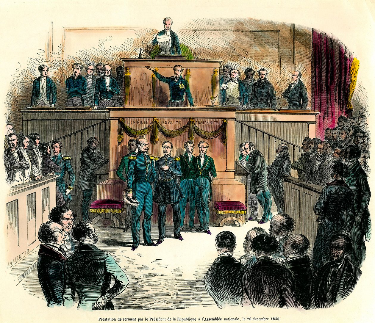Innesvergen av Louis Napoleon III (Louis-Napoleon), som offisielt ble utropt til president i republikken, ved nasjonalforsamlingen 20. desember 1848. Han lover «å forbli trofast mot den ene og udelelige demokratiske republikken og oppfylle alle av French School