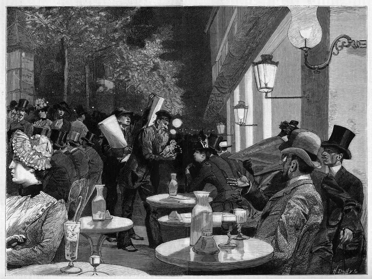 Terrassen til en kafé på Boulevard ved midnatt i Paris. Gravering i "The Illustrous World" av French School