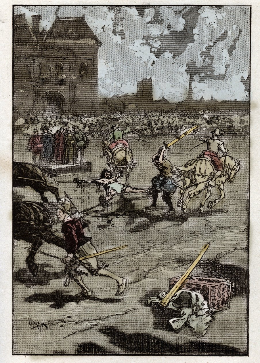 Torturen av Francois Ravaillac, morderen av kong Henry IV: han er innkvartert i Paris 27. mai av French School