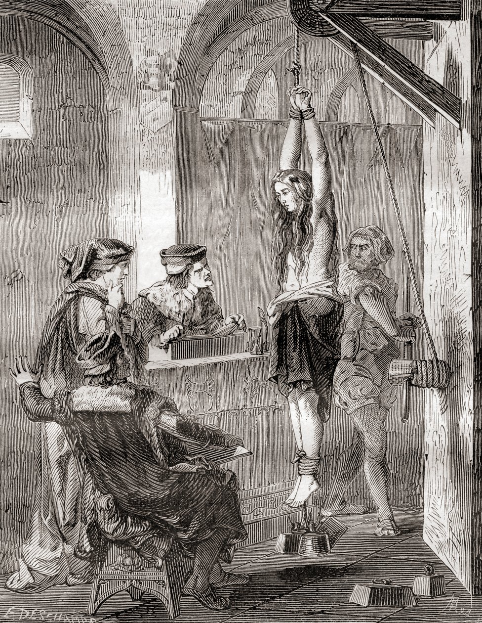 Torturen av en kvinne anklaget for hekseri i middelalderen, fra Les Merveilles de la Science, publisert ca. 1870 (litho) av French School