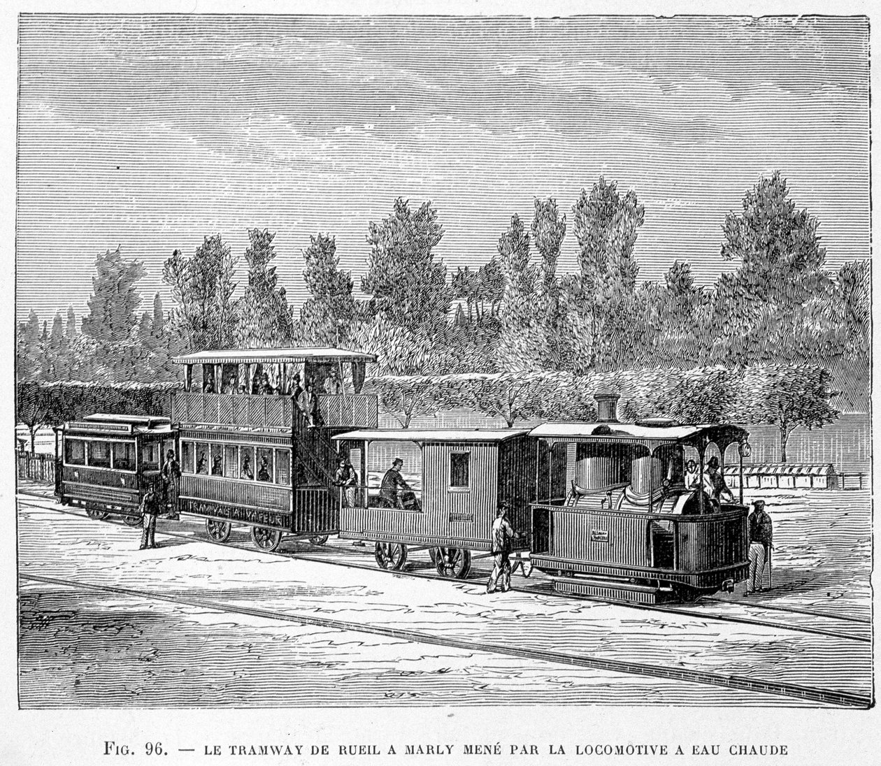 Trikken fra Rueil til Marly, ledet av varmtvannslokomotivet - i "" The new conquests of science"" av Louis Figuier av French School