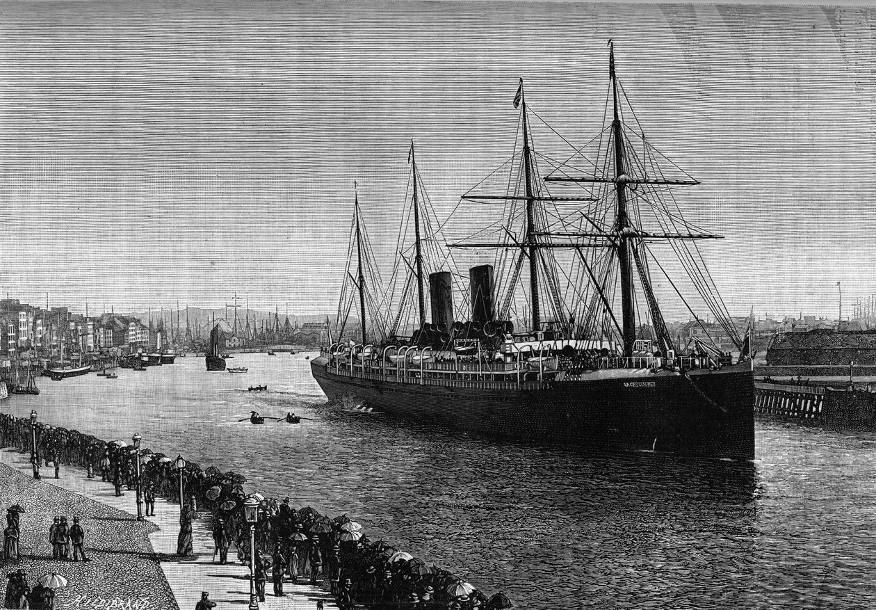 Den transatlantiske rutebåten "" La Gascogne"" i havnen i Le Havre i 1887. Gravering i det berømte tidsskriftet "" La jeunesse"" av French School