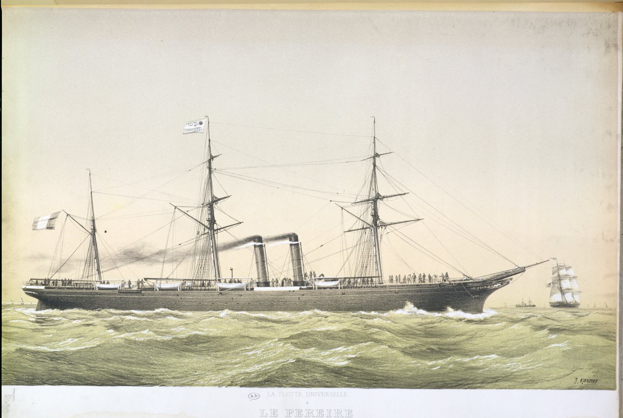 Den transatlantiske padlebåten Le Pereire krysser fra Le Havre til New York, ca. 1860 av French School