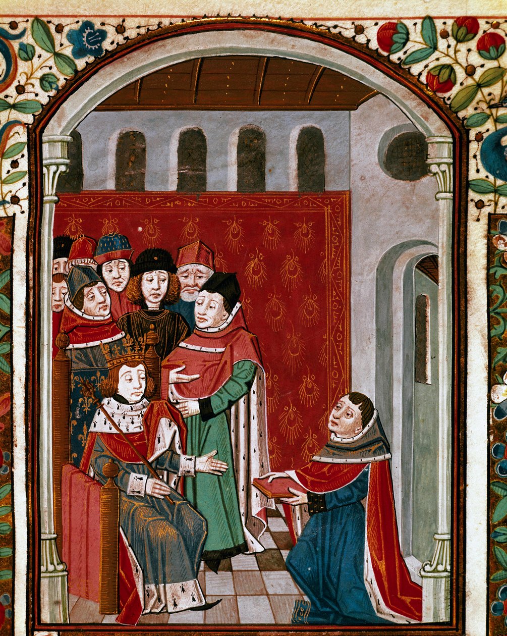 Oversetteren John de Meung (eller Clopinel eller Chopinel) (1240-1305) donerer arbeidet sitt til kong Filip IV den vakre (1268-1314). Miniatyr hentet fra "" De Consolatione Philosophiae"" av den latinske filosofen Boece (Boetius) (475-520), oversatt av Jea av French School