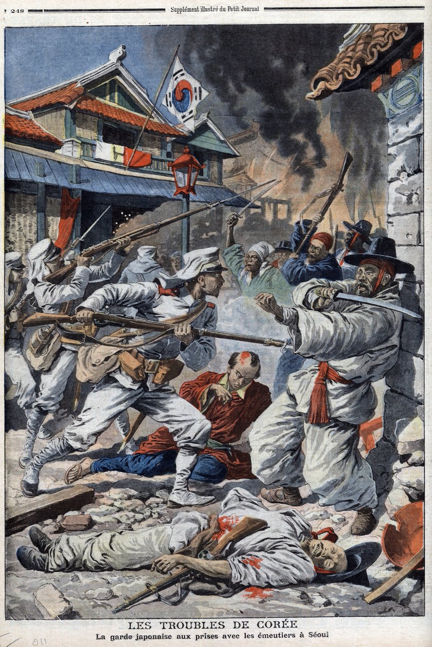 The troubles of Korea, the Japanese guard struggling with the emeutiers in Seoul, mecontent of the abdication of Yi-Yeung - “Le Petit Journal” of August 4 av French School