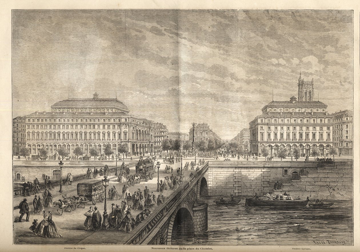 De to nye teatrene på Place du Chatelet i Paris i 1862 - Gravering fra 