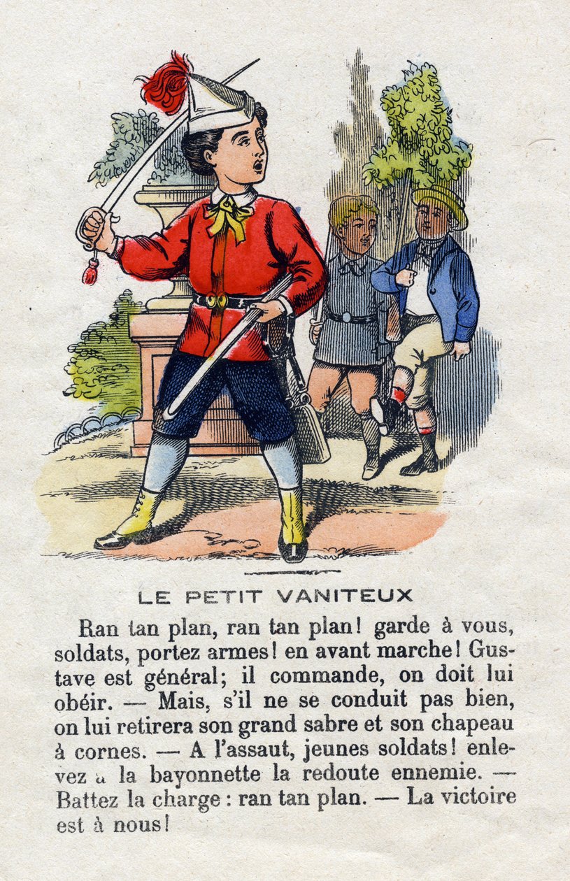 Det forfengelige lille. Barn misliker generelt og å gi ordre til kameratene. Smågutter alfabetet. Abecedary har moralsk verdi som inneholder leseøvelser. Epinal avbildning sent på 1800-tallet av French School