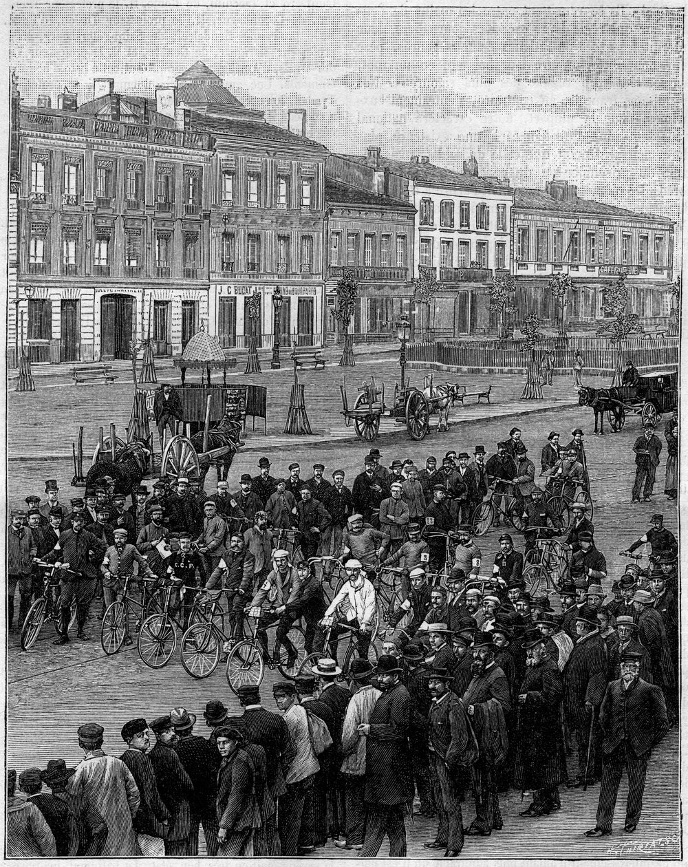 The velocipedes race from Bordeaux to Paris: the velocipedists depart from Bordeaux on 23 May 1891, at 5 a.m. Engraving in “” La Nature. Revue des sciences et de ses applications aux arts et a l