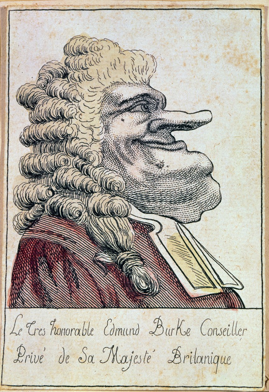 Den svært ærede Edmund Burke, privat rådgiver for Hans Majestet, den britiske kongen, fransk karikatur, ca. 1790 av French School