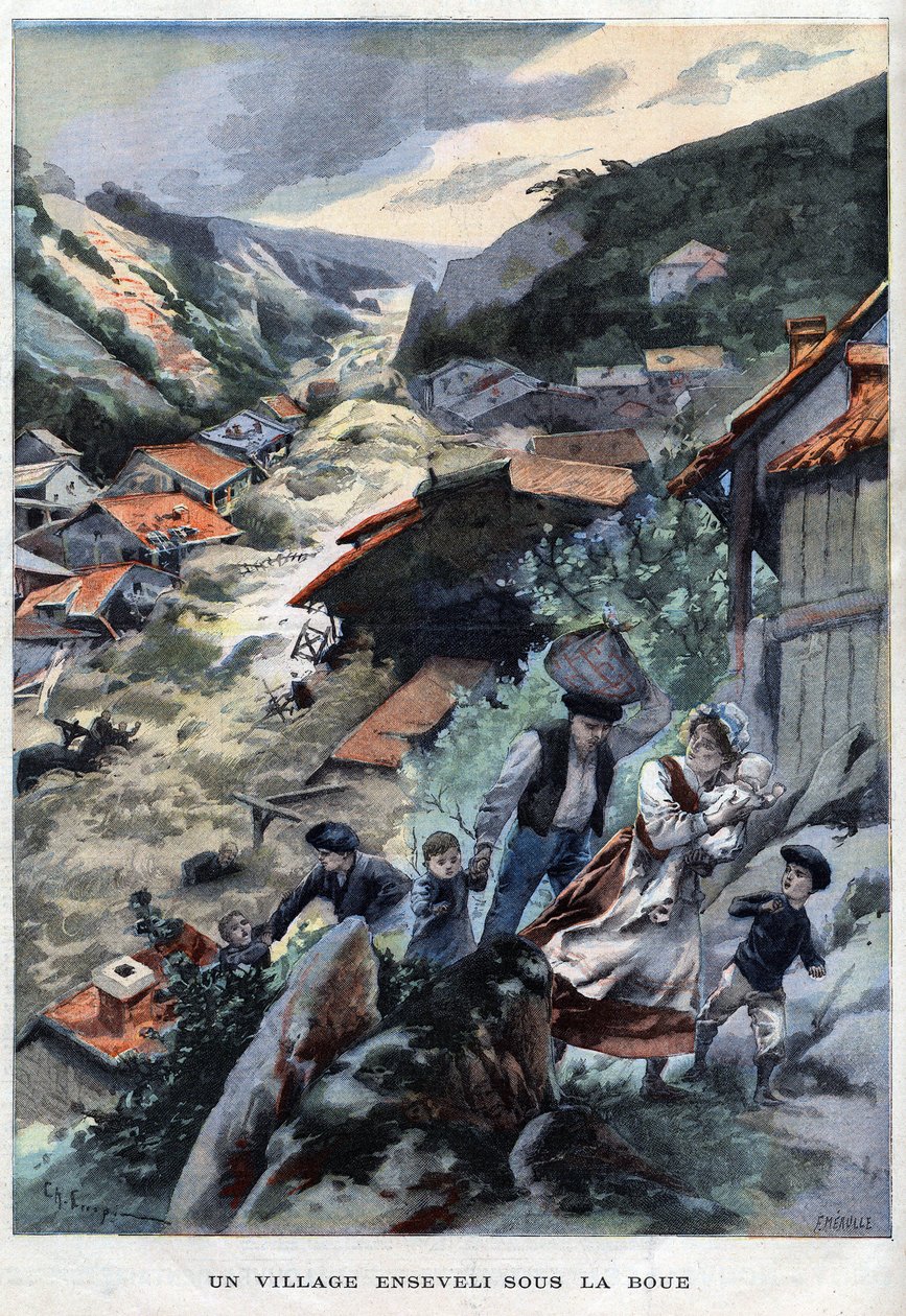 The village of Saint-Ours near Barcellonnette in the Alps buried under the mud - in " Le Petit Parisien”” av French School
