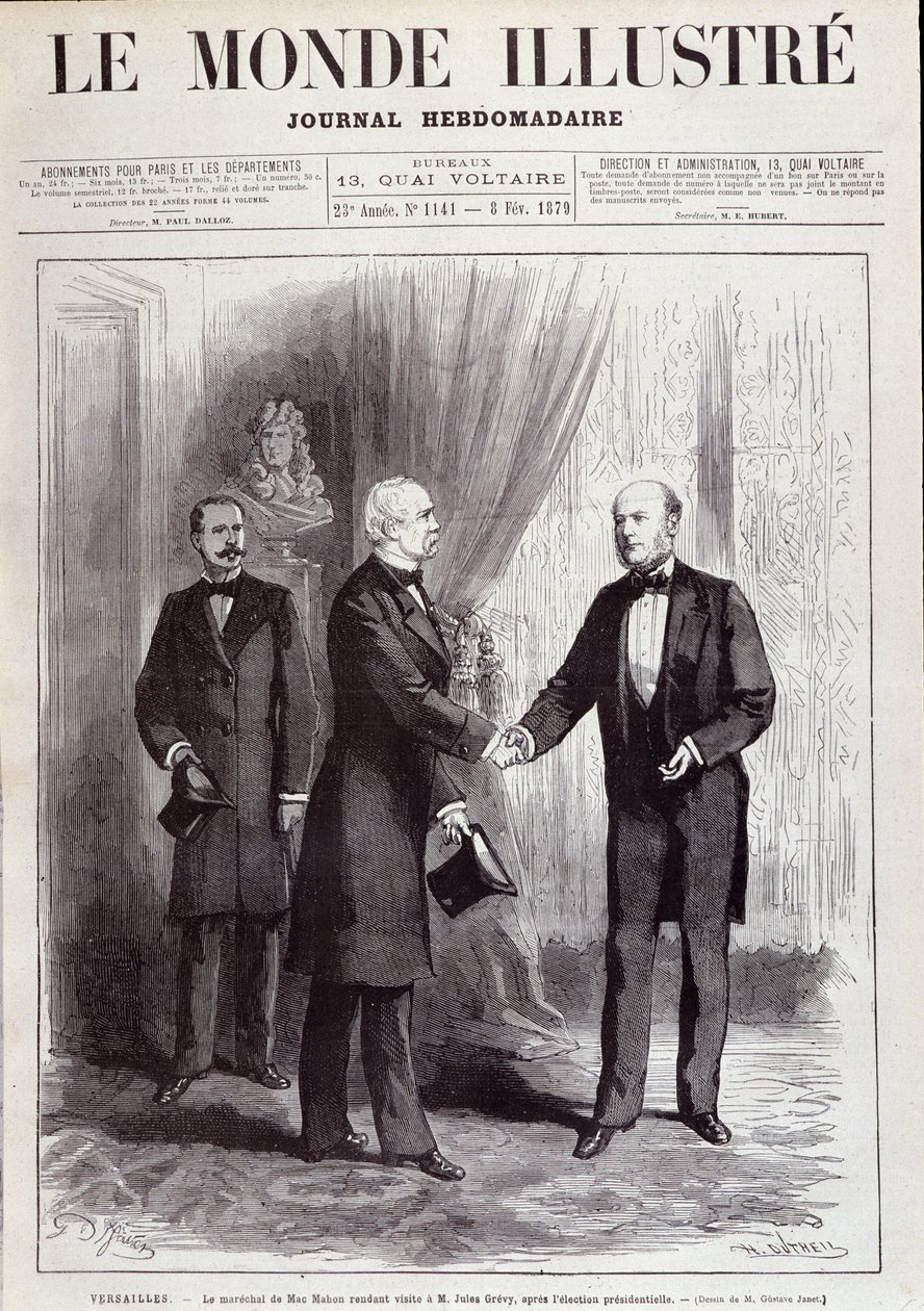 Besøket til Marechal Patrice av Mac Mahon (Mac-Mahon) (1808-1893) til president Jules Grevy (1807-1891). I "" Le Monde illustrious", februar 1879. av French School