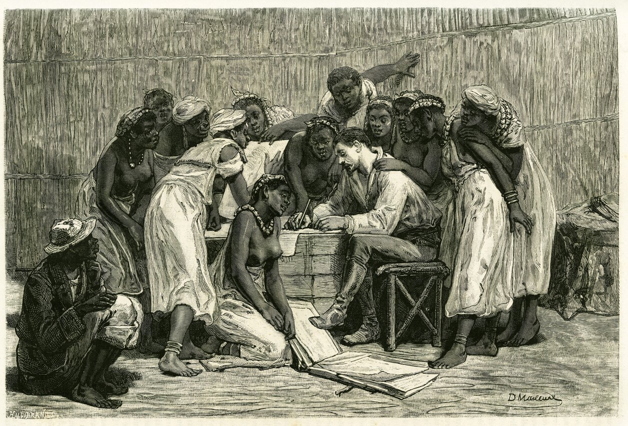 Besøket av dronningene, de seksten konene til kong Sepopo, i Dr. Holubs boks. Gravering av D.Maillard, for å illustrere historien "Au pays des Marutses", i 1875-1879, av Dr. Emile Holub (1847-1902). Publisert i Tour du monde, 2. semester 1883, redigert av French School