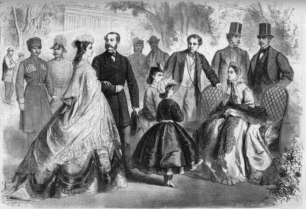 Vannsesongen i Kissengen, Tyskland, i 1864. Presenterer, fra venstre til høyre: Elisabeth av Wittelsbach (Sissi) (1837-1898) Impress of Austria, Alexander II (1818-1881) Keiser av Russland, Louis II (1845-1886) ) Konge av Baviere, Maria Alexandrovna (nee M av French School