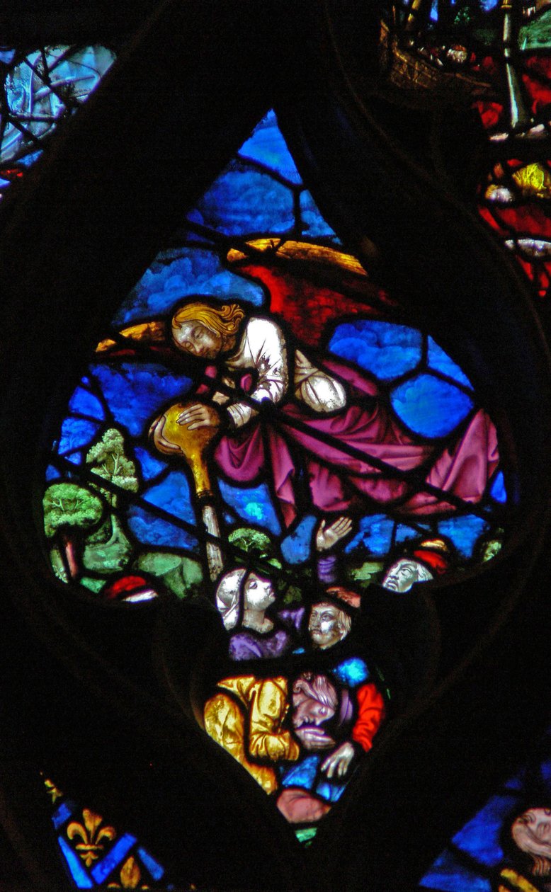 Det vestlige rosevinduet som viser en scene fra Åpenbaringsboken: første hetteglass helles over jorden (16:2). av French School