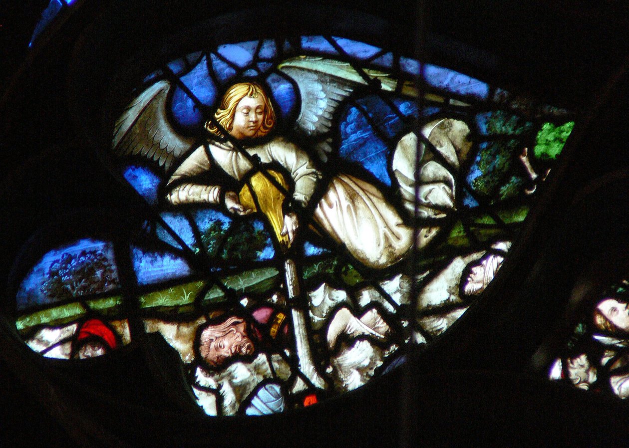 Det vestlige rosevinduet som viser en scene fra Åpenbaringsboken: tredje hetteglass helles over elvene og bekkene 16:4-6). av French School