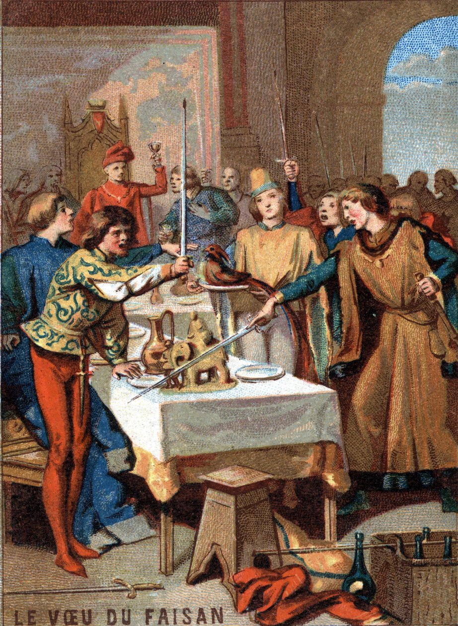 Fasanens ønske (1454): under festen arrangert av Filip III den gode, hertugen av Burgund, sverger gjestene på en fasan utsmykket med et perlekjede for å utrydde tyrkeren. Kromolitografi av serien "" Patriotic Education gjennom I av French School
