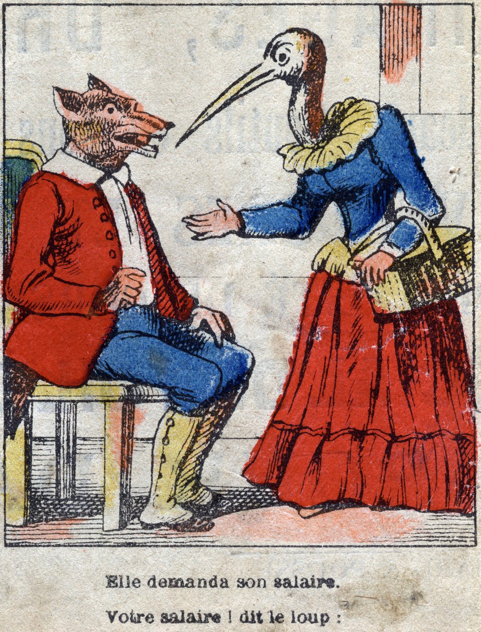 The wolf and the stork. Fables by Jean de La Fontaine (1621-95). Epinal imaging from the end of the 19th century. av French School