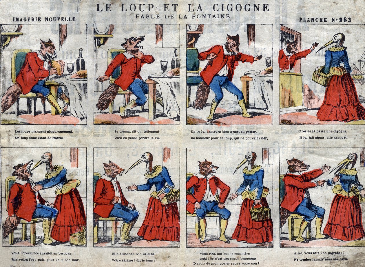 The wolf and the stork. Fables by Jean de La Fontaine (1621-95). Epinal imaging from the end of the 19th century. av French School
