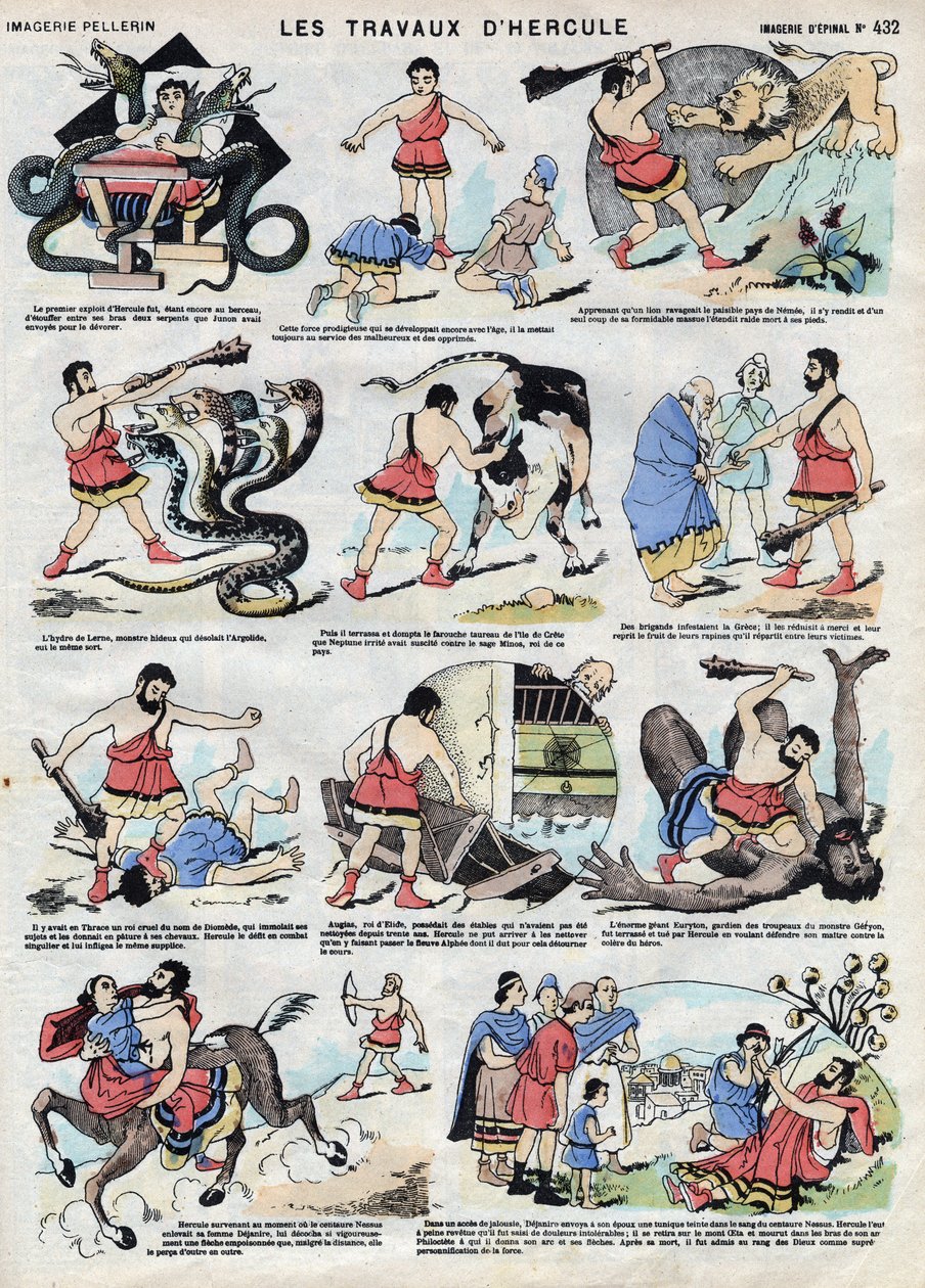 Verkene til Herkules (Herakles). I romersk og gresk mytologi er Hercules en helt: fortsatt et barn kveler han to slanger med bare hender i sengen og stiller kreftene til tjeneste for de uheldige, slår løven av Nemee med køllen sin, dreper Hyd. av French School